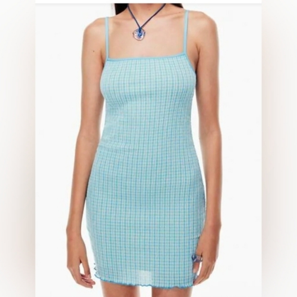 💘 Aritzia Wilfred Jazz Blue Spaghetti Strap Bodycon Seersucker mini dress XS - Picture 2 of 7